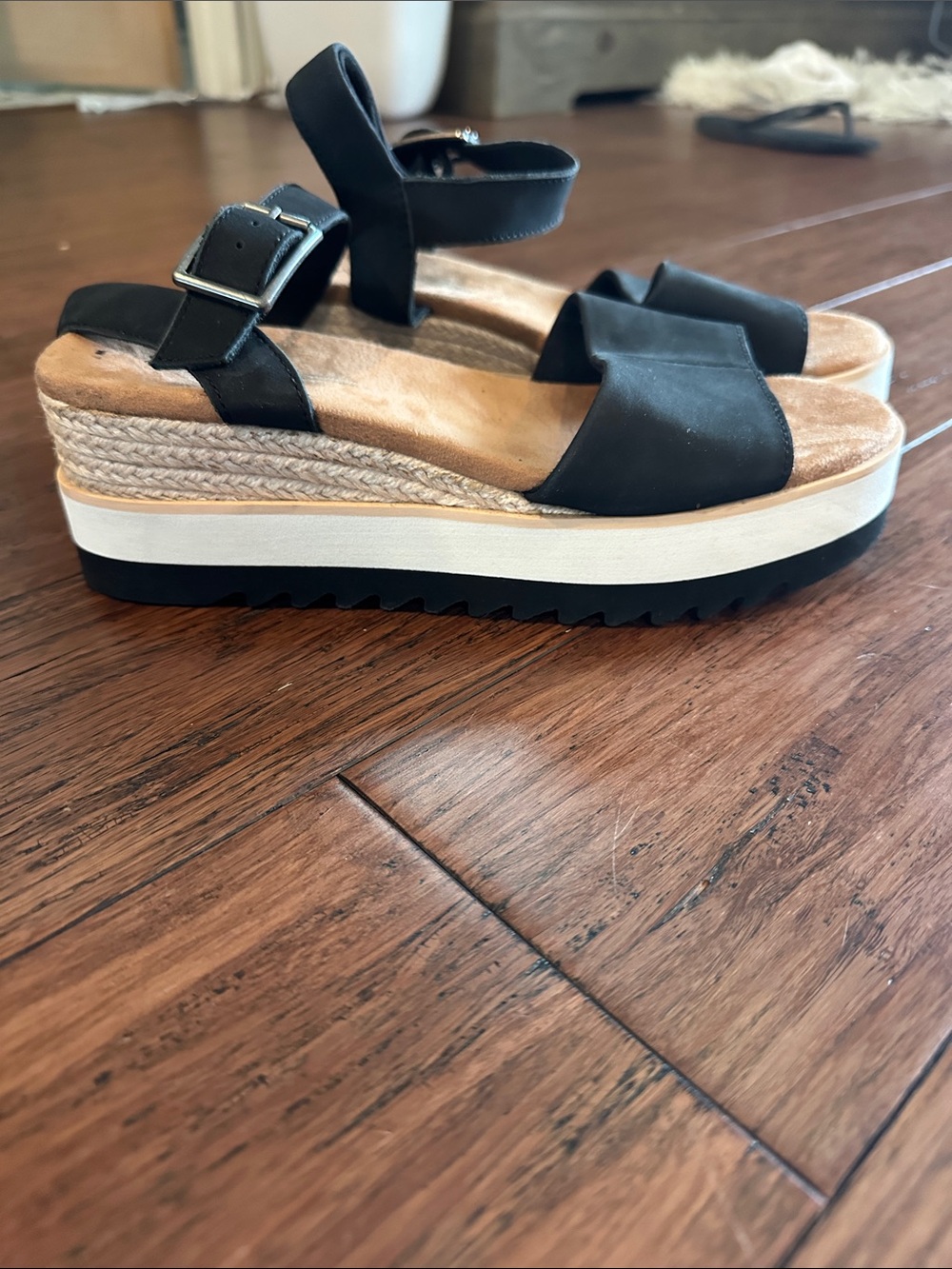 Toms Black Platform Espadrille Sandals with Ankle Strap